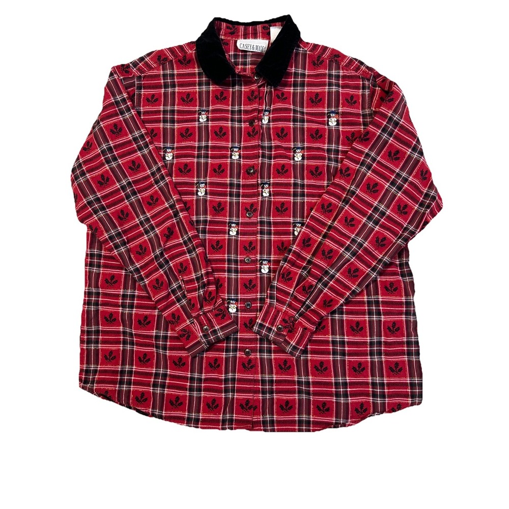 Casey & Max‎ Vintage 90's Button Up XL Shirt Red Plaid Christmas Snowman Holiday